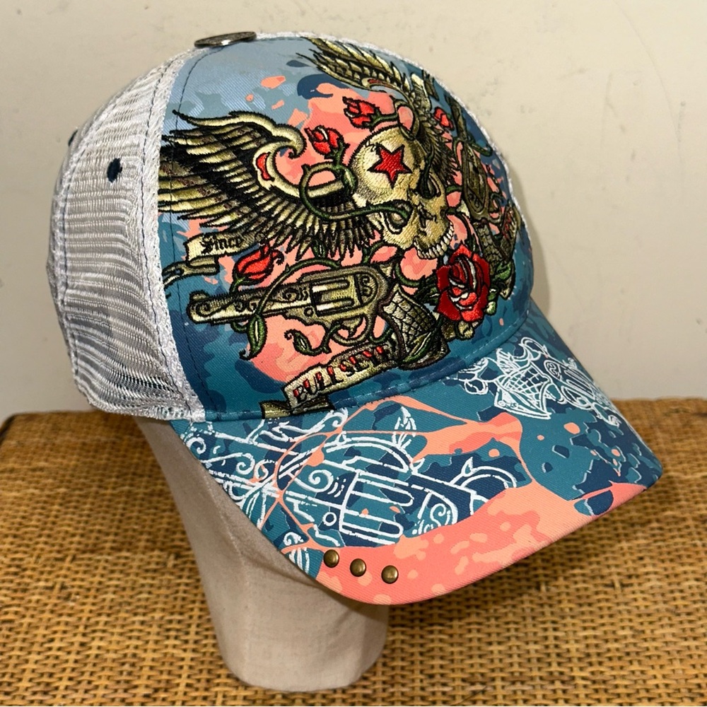 Vintage Bullseye Tattoo Skull Guns Trucker SnapBack Hat Adjustable Y2K Graphics